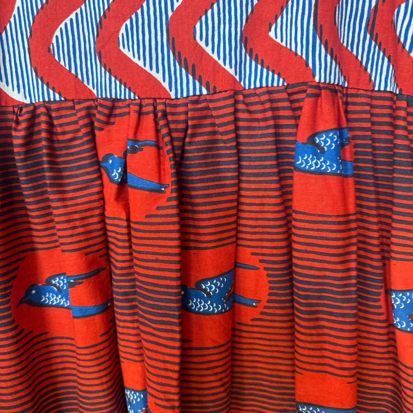 Mexican Style Dress Red Squiggles & Birds