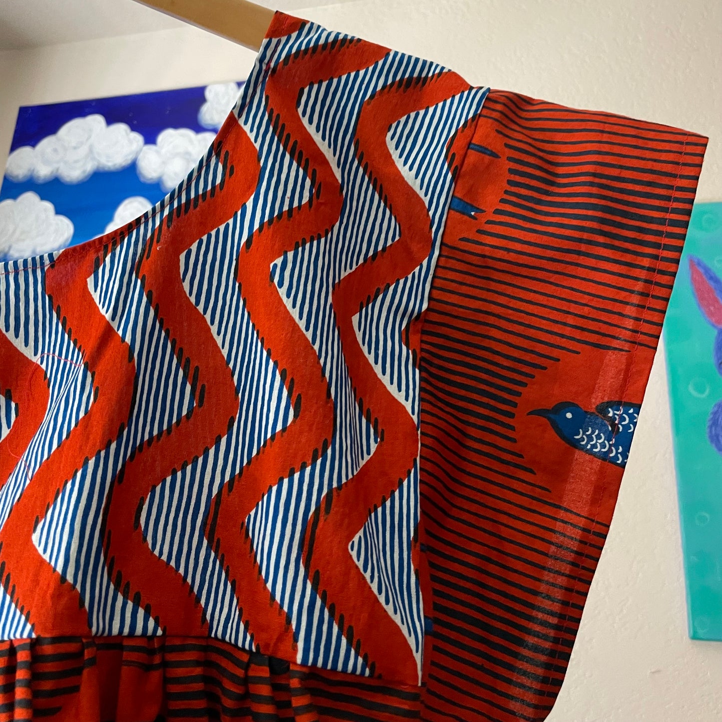 Mexican Style Dress Red Squiggles & Birds
