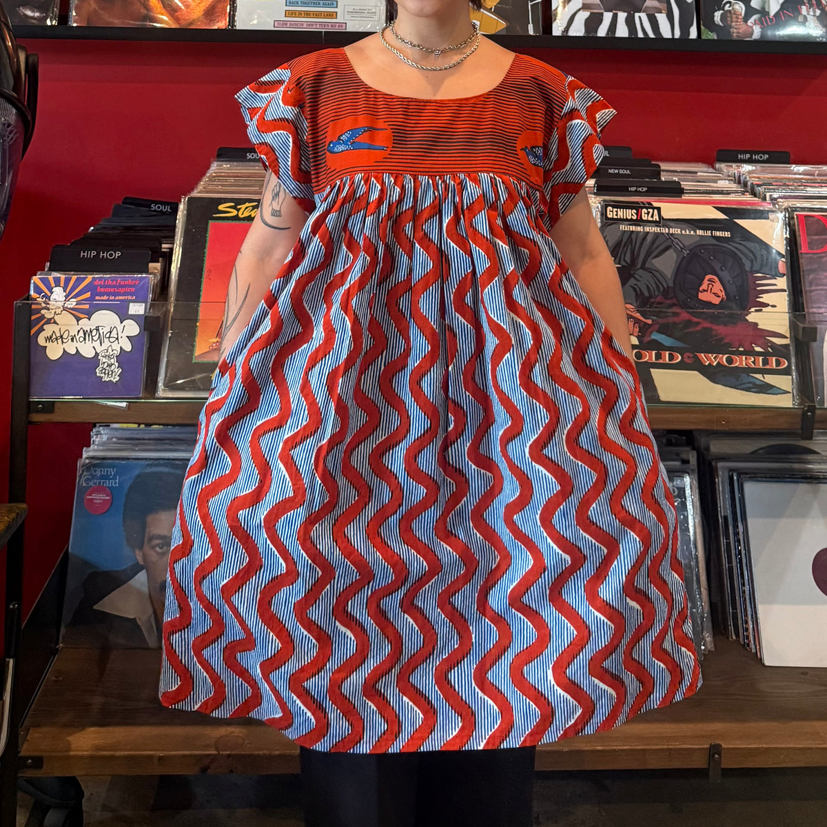 Mexican Style Dress Red Squiggles & Birds