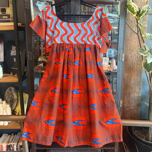 Mexican Style Dress Red Squiggles & Birds