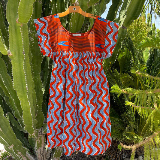 Mexican Style Dress Red Squiggles & Birds