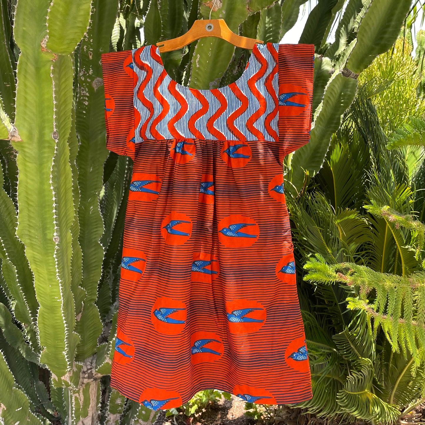 Mexican Style Dress Red Squiggles & Birds