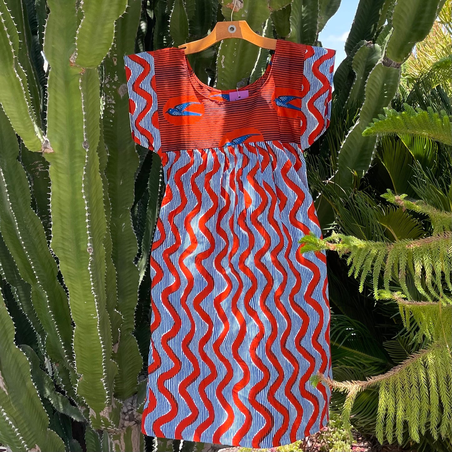 Mexican Style Dress Red Squiggles & Birds