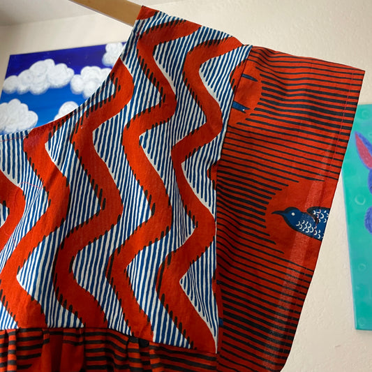 Mexican Style Dress Red Squiggles & Birds