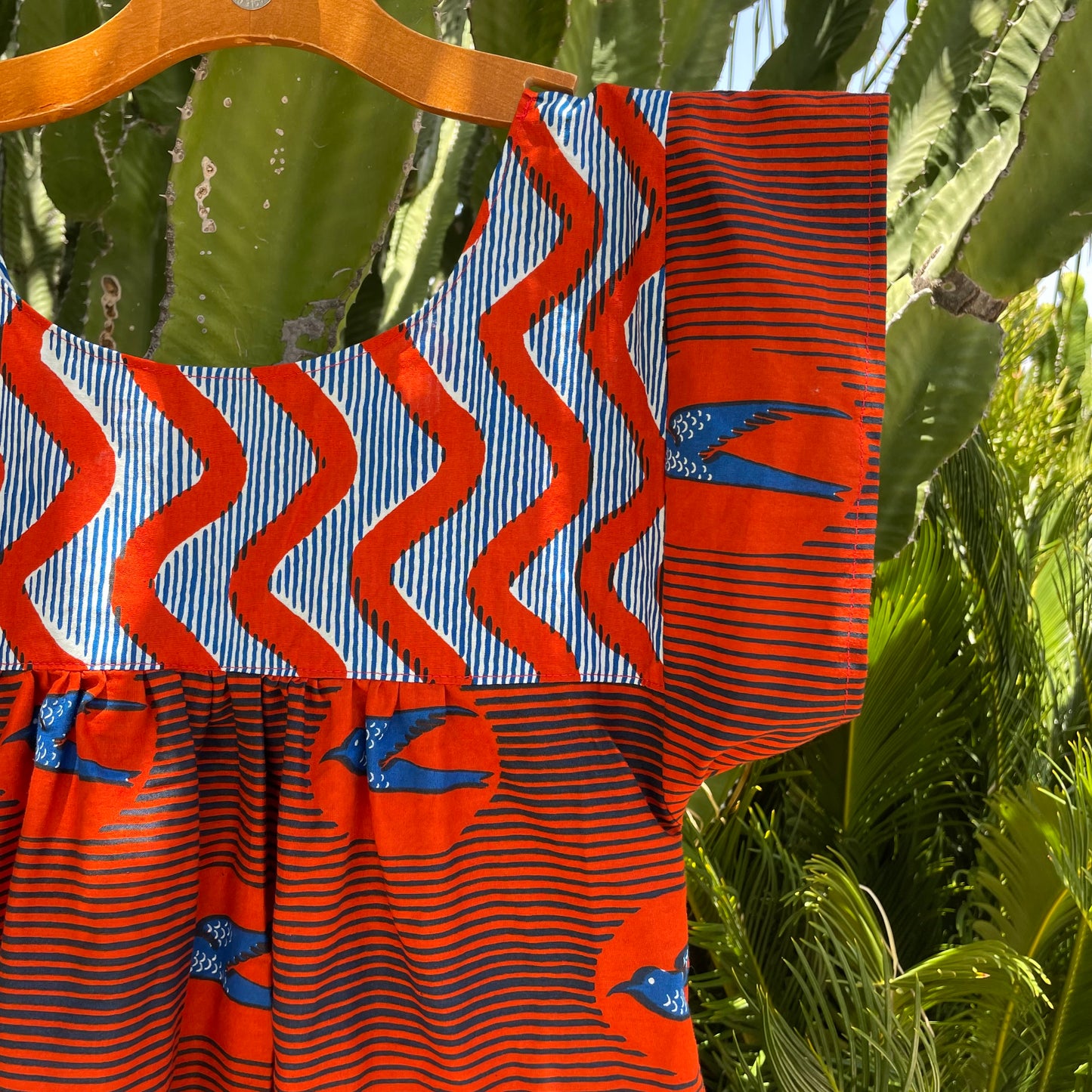 Mexican Style Dress Red Squiggles & Birds