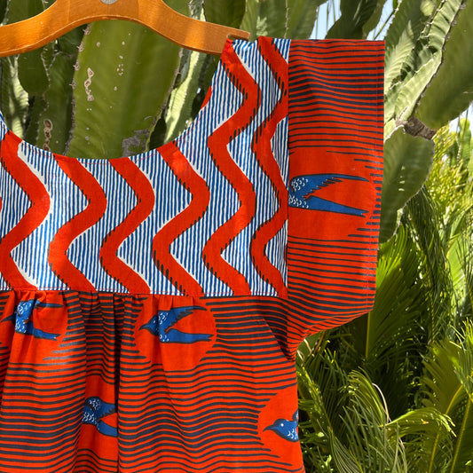 Mexican Style Dress Red Squiggles & Birds