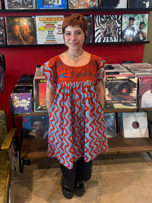 Mexican Style Dress Red Squiggles & Birds