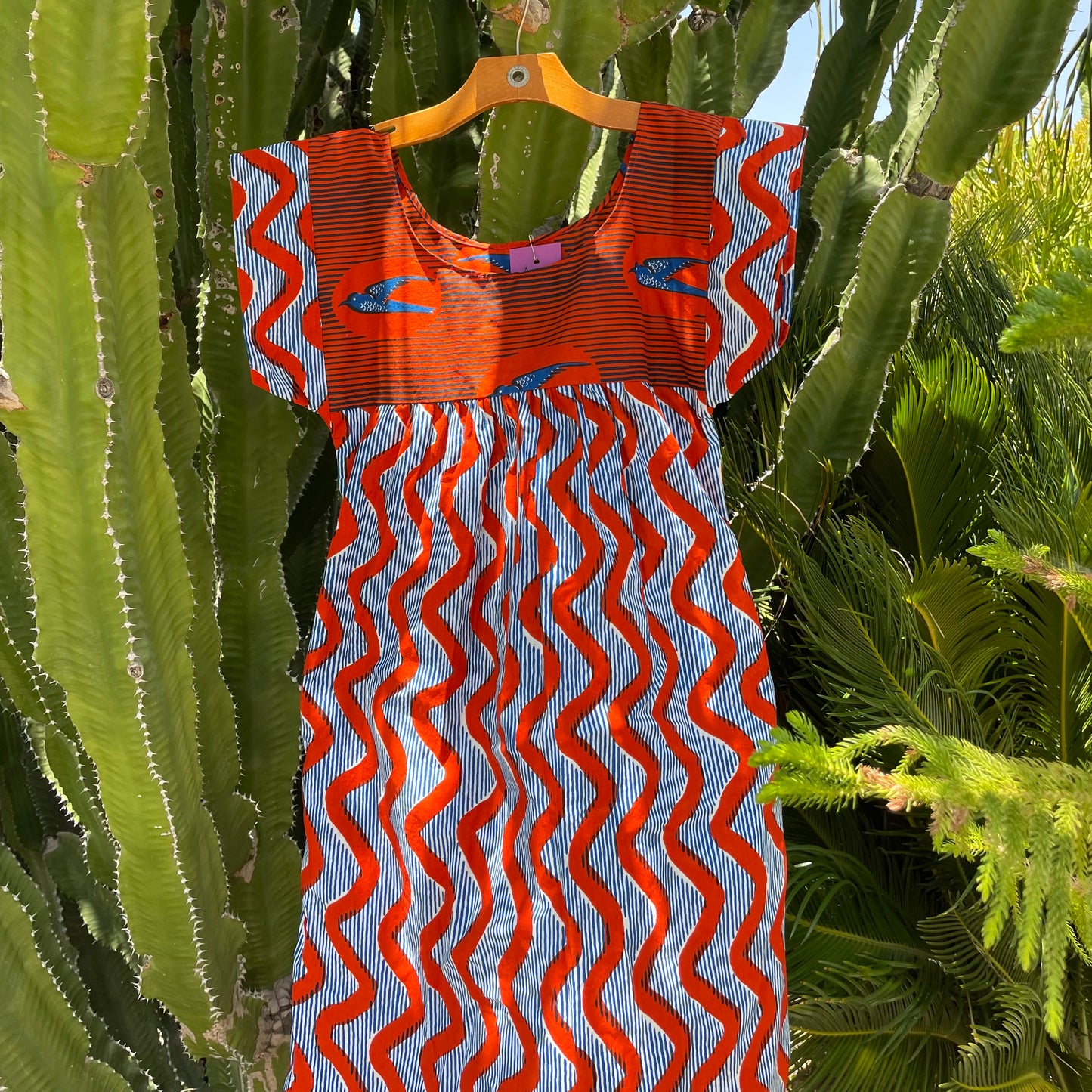 Mexican Style Dress Red Squiggles & Birds
