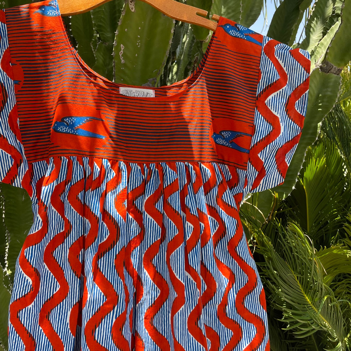 Mexican Style Dress Red Squiggles & Birds