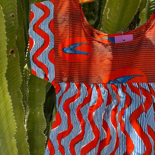 Mexican Style Dress Red Squiggles & Birds